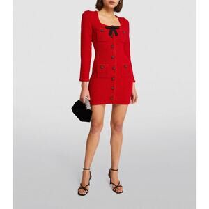Self-Portrait Red Knitted Bow Detail Mini Dress Tweed Boucle Button Down
